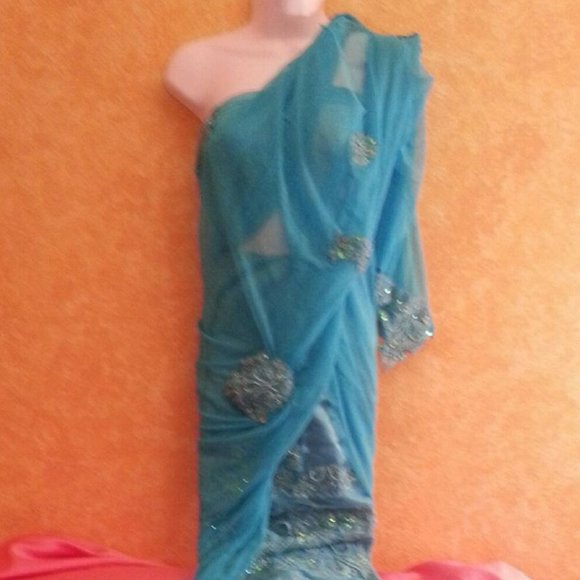 Custom Order Turquoise Lace Net Wedding Saree - Picture 1 of 8